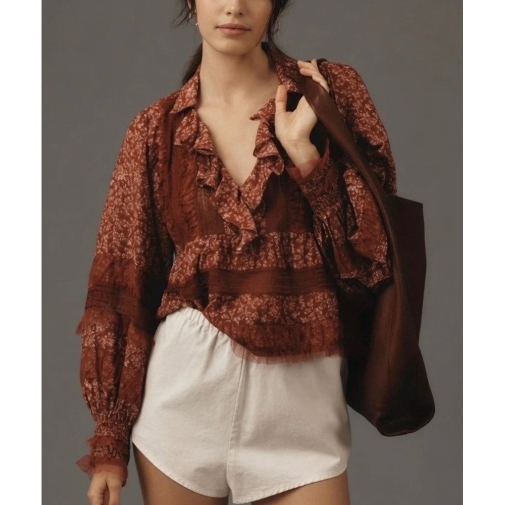 Anthropologie Ruffled V-Neck Popover Blouse Women Small Red Motif Lace Coquette